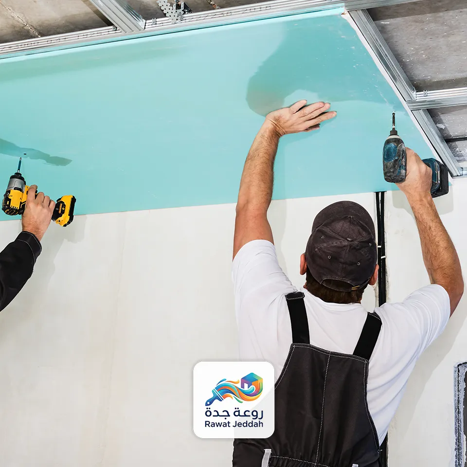 فريق روعة جدة اثناء تركيب الواح الجبس